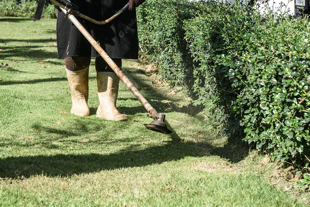 Cortador de grama trabalhador mulher cortando grama em campo verde