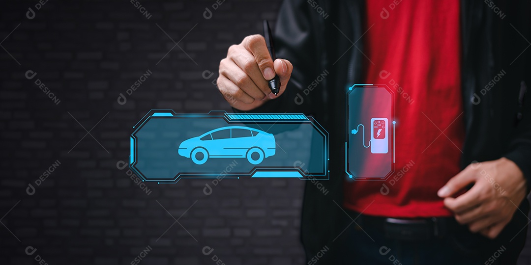 Escolhendo um veículo elétrico. escolha do carro elétrico. apontando para o símbolo