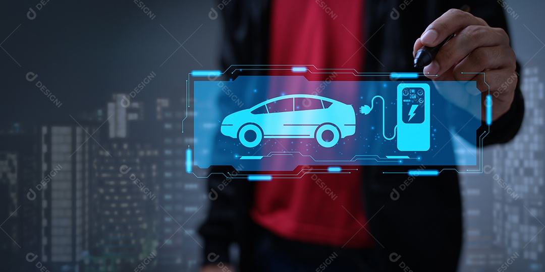 Escolhendo um veículo elétrico. escolha do carro elétrico. apontando para o símbolo