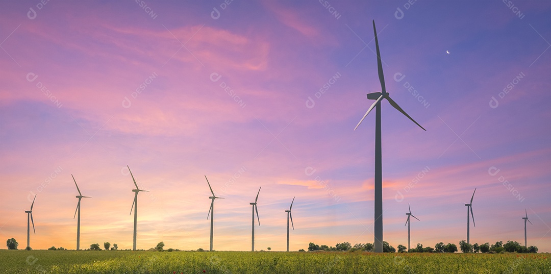 Parque de turbinas eólicas ao pôr do sol - Parque eólico - Geração de energia de energia ecológica verde - Campo ecológico de parque eólico - Conceito de energia verde.