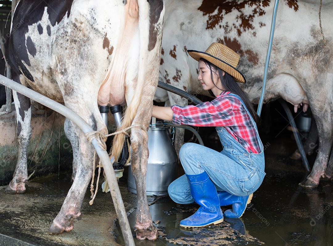 Mulheres asiáticas agricultura e indústria agrícola e conceito de pecuária - mulheres jovens ou agricultor com computador tablet pc e vacas em estábulo na fazenda de gado leiteiro com máquinas de ordenha de vaca