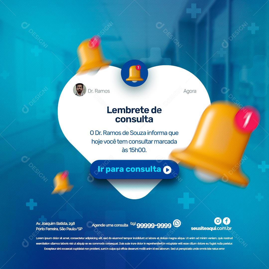 Lembrete de consulta ir para consulta Clínica Social Media PSD Editável