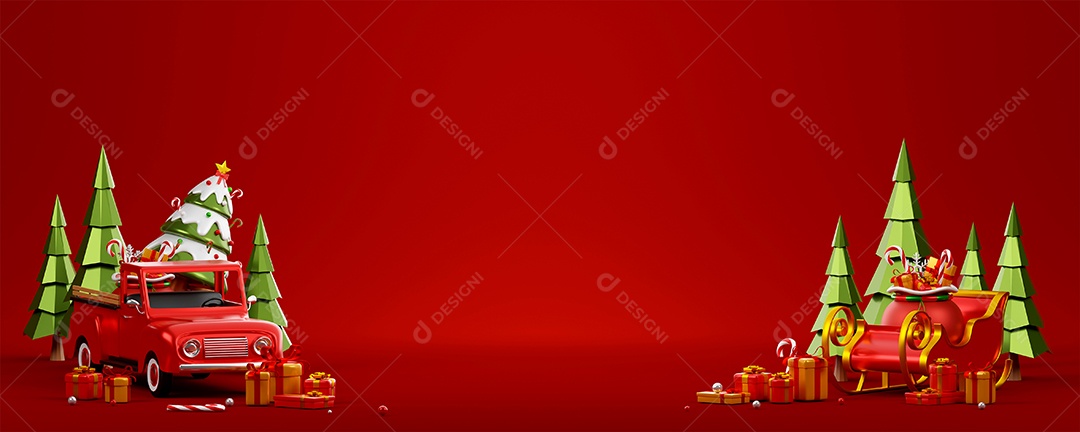 Bandeira de Natal de ilustração 3D do caminhão de Natal e trenó em fundo vermelho
