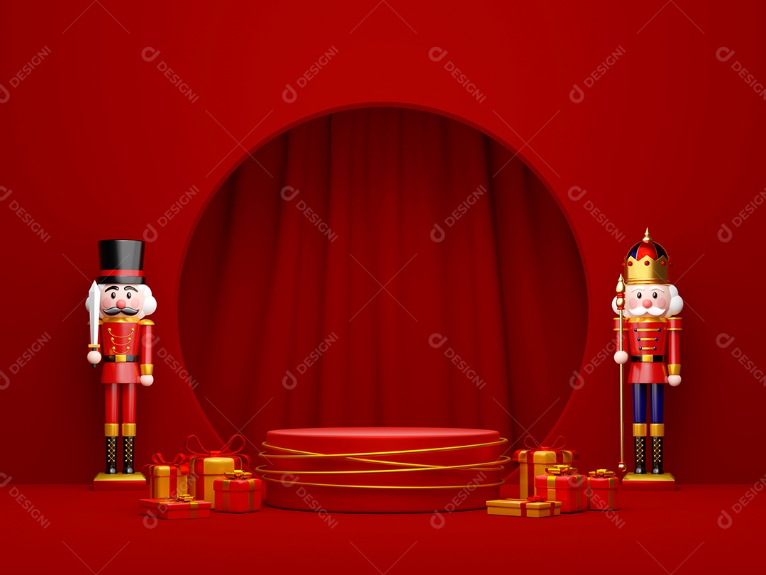 Tema de Natal do pódio geométrico para produtos com quebra-nozes, ilustração 3d