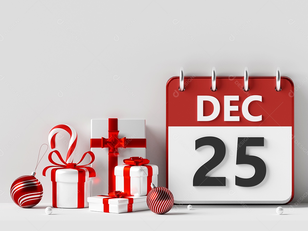 Ilustração 3D do dia de Natal de 25 de dezembro no calendário com caixa de presente