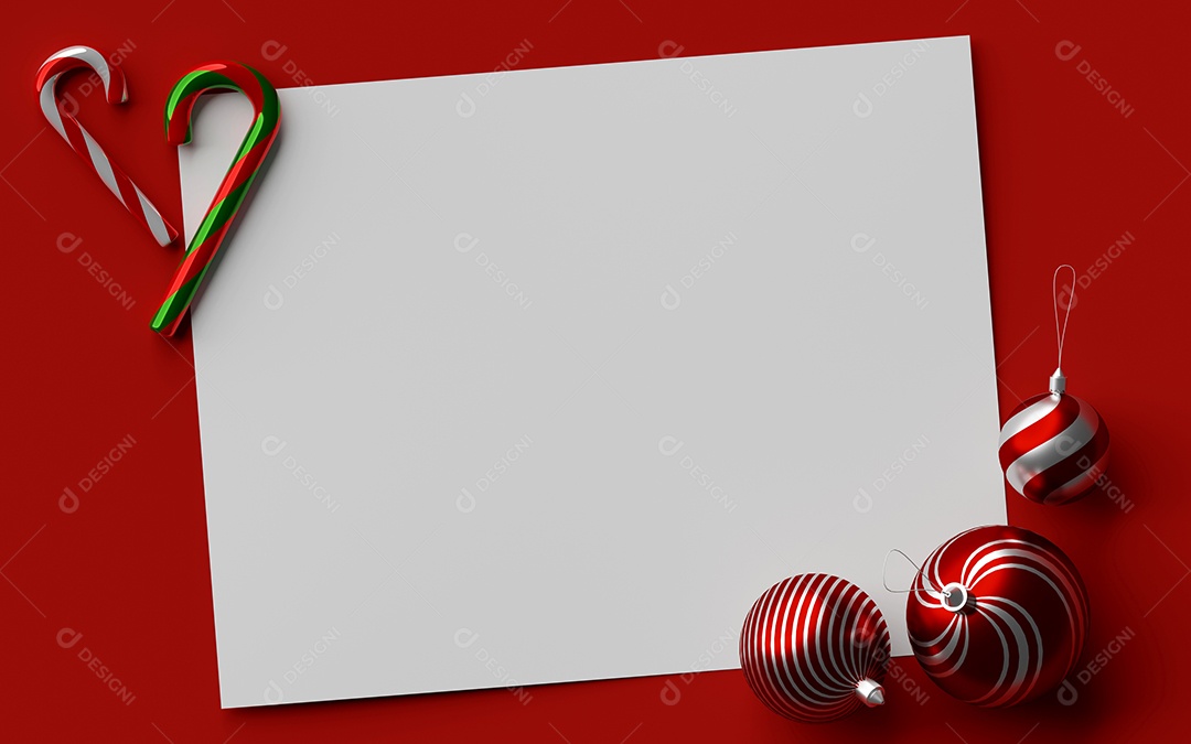 Maquete de papel branco sobre fundo vermelho com enfeites de Natal, ilustração 3D