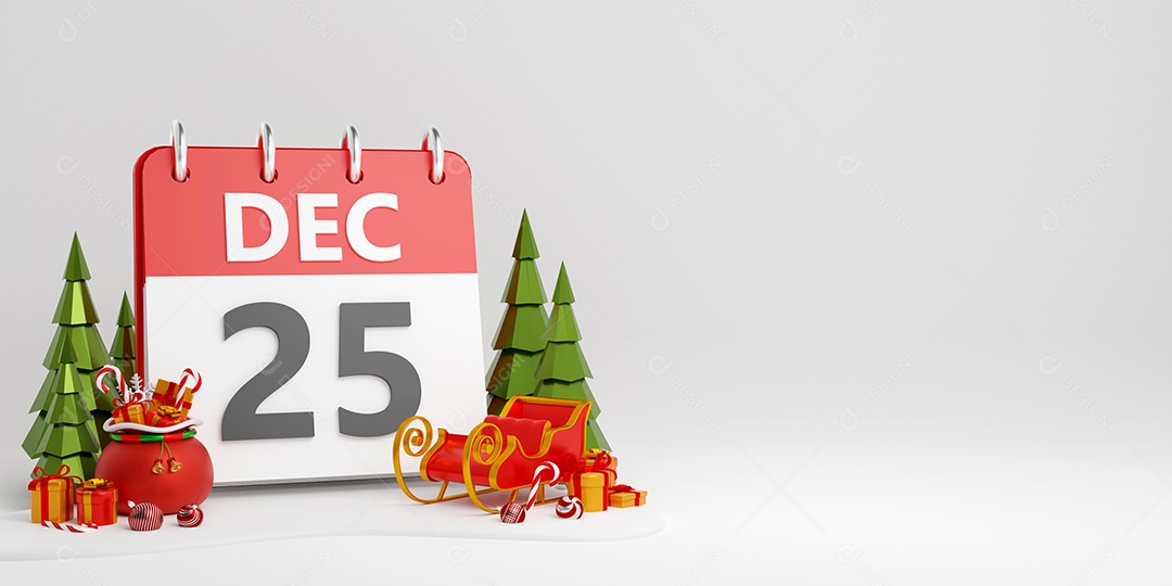 Banner de Natal do dia de Natal do calendário com decoração, ilustração 3d