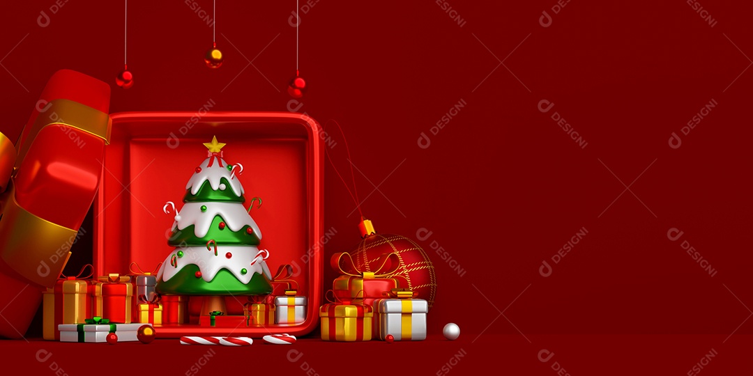 ilustração 3D do banner de Natal da árvore de Natal e caixa de presente em fundo vermelho