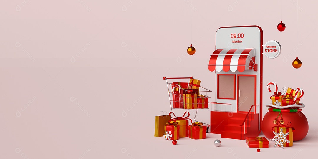 Banner de Natal das compras de Natal online no conceito de smartphone, ilustração 3d