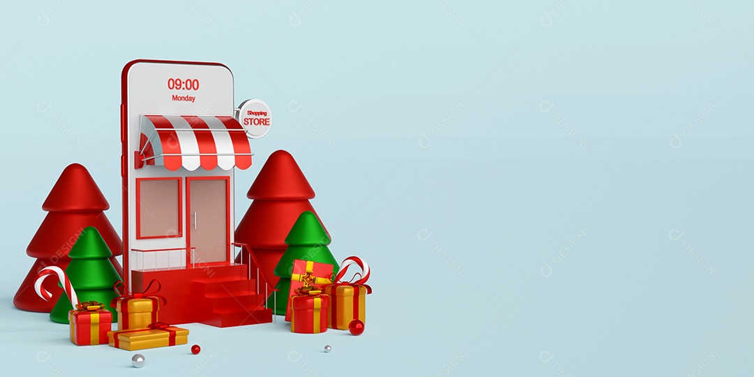 Banner de Natal das compras de Natal online no conceito de smartphone, ilustração 3d