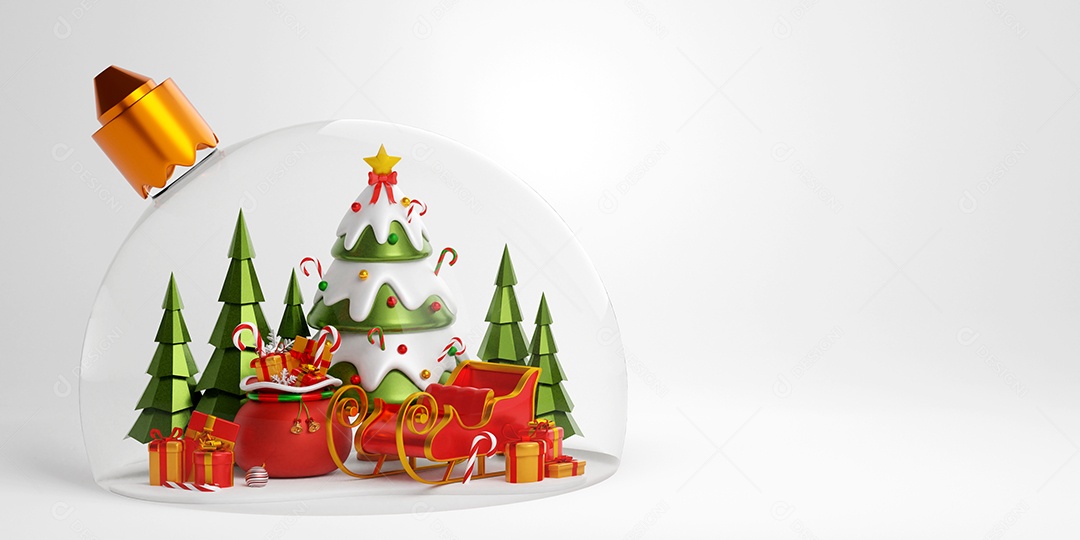 Banner de Natal da árvore de Natal, trenó e sacola de presentes na bola de Natal, ilustração 3d