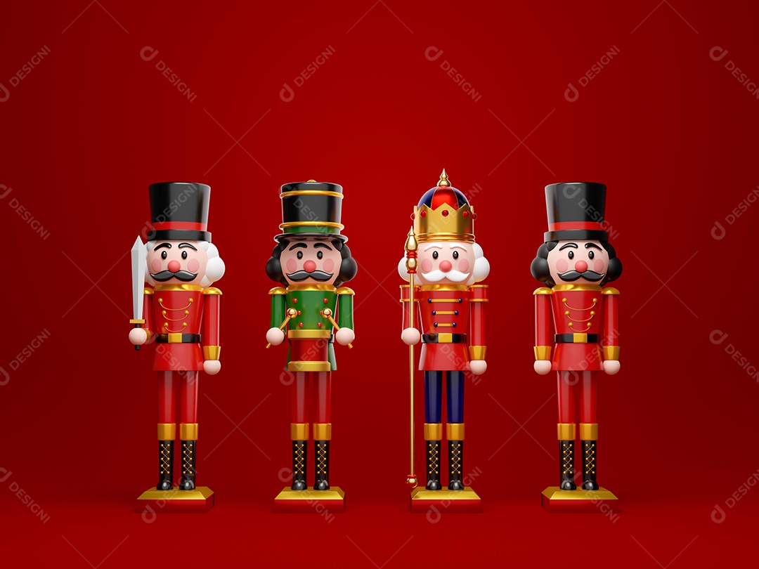 Tema de Natal do conjunto de quebra-nozes em fundo vermelho, ilustração 3d