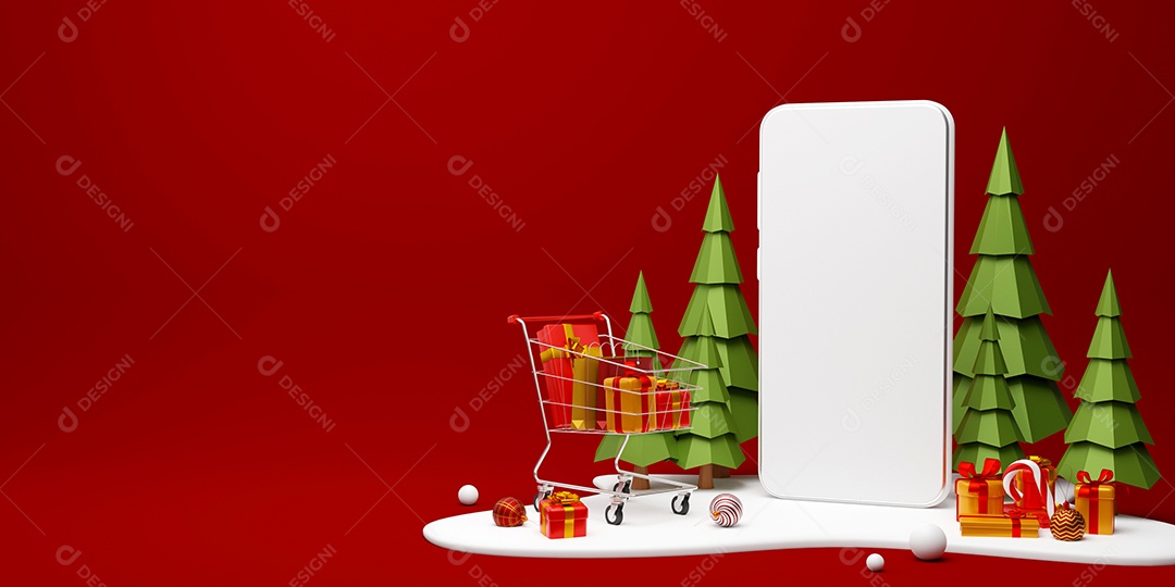 Cena de Smartphone com presente de Natal para propaganda online de compras, ilustração 3d