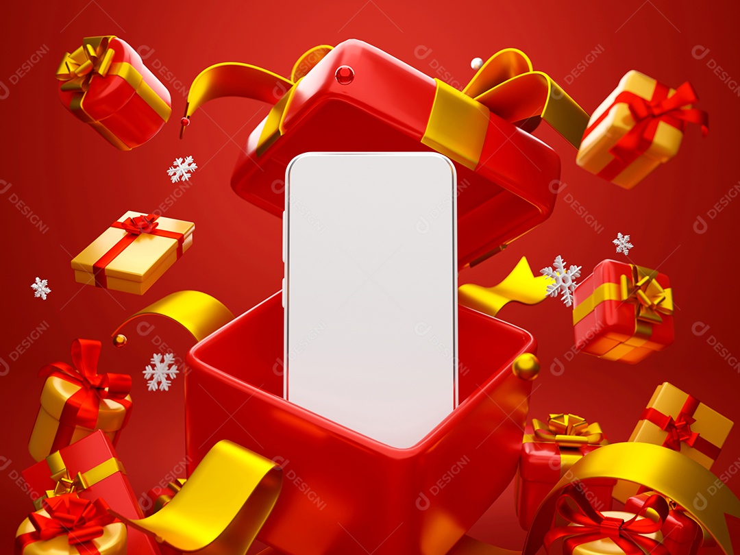 Cena de Smartphone com presente de Natal para propaganda online de compras, ilustração 3d