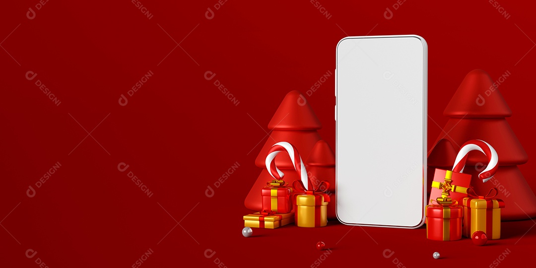 Cena de Smartphone com presente de Natal para propaganda online de compras, ilustração 3d