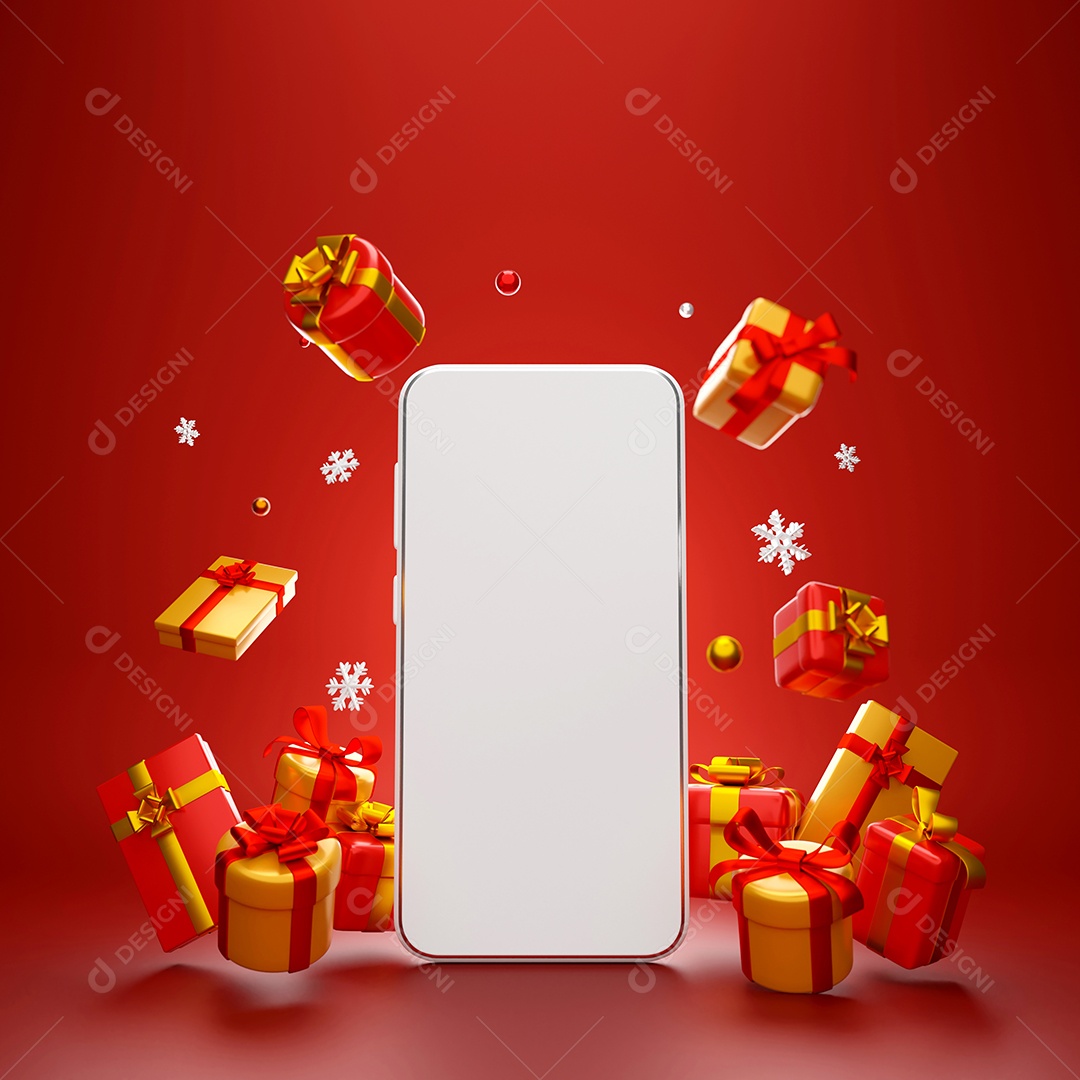Cena de Smartphone com presente de Natal para propaganda online de compras, ilustração 3d
