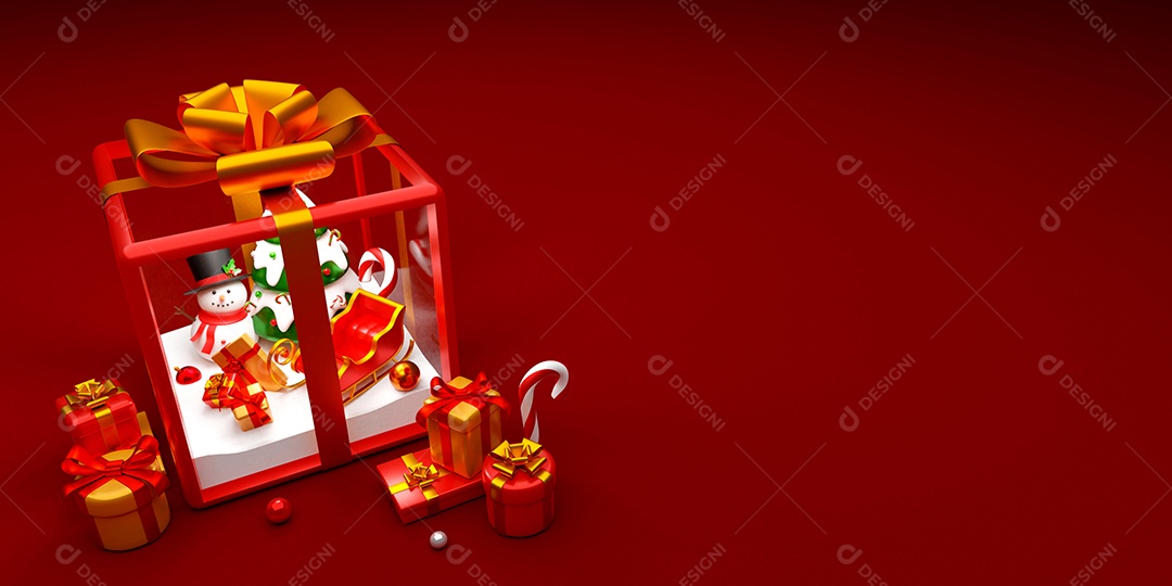 Boneco de neve e árvore de Natal dentro da caixa de presente, ilustração 3d