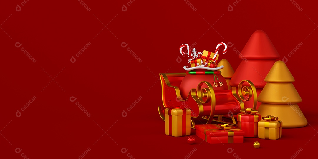 Banner de Natal de trenó com presente de Natal, ilustração 3d