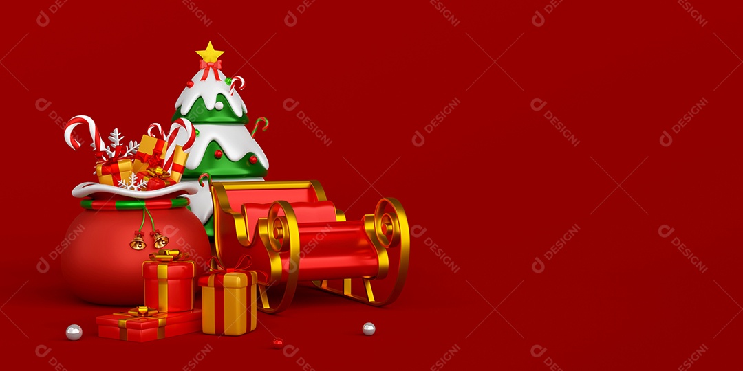 Banner de Natal da bolsa de Natal e trenó em fundo vermelho, ilustração 3D