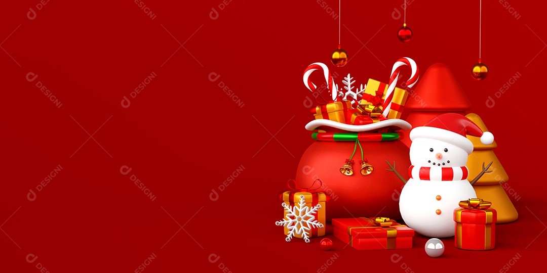 Bandeira do Natal do boneco de neve com saco e presentes do Natal, ilustração 3d