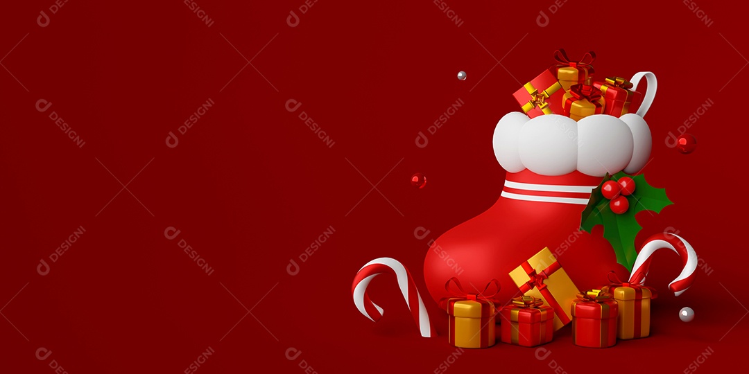 Banner de Natal de meia de Natal com presente, ilustração 3d
