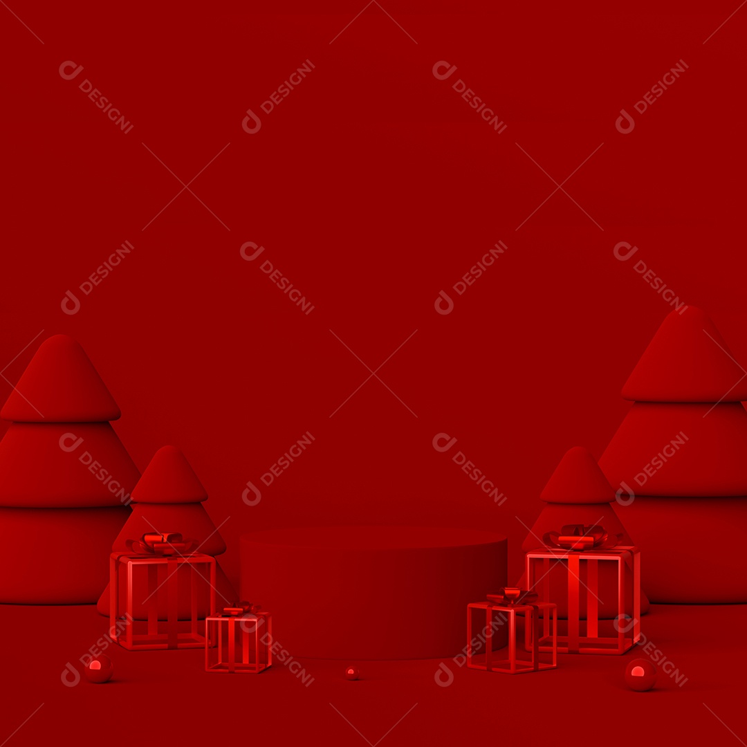 Feliz Natal e Feliz Ano Novo, Cena do pódio vermelho e presente de Natal, ilustração 3d