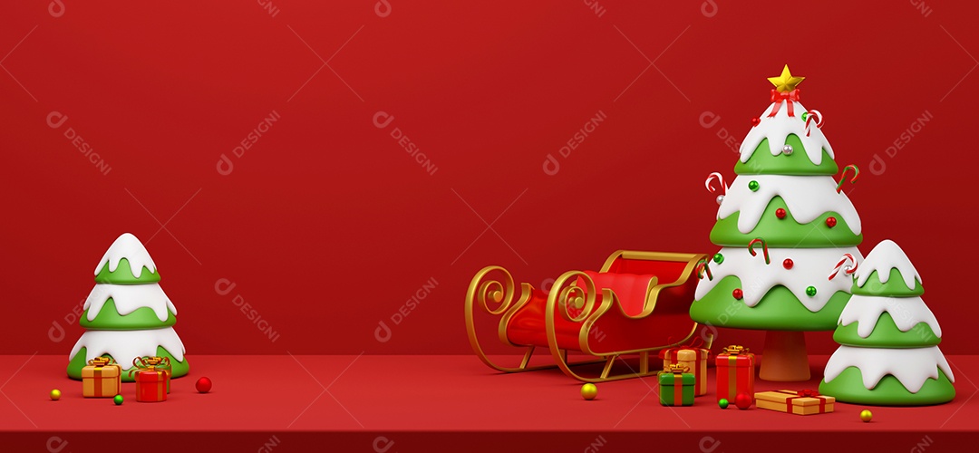 Cena de cartão postal de banner de Natal da árvore de Natal com presentes, ilustração 3d