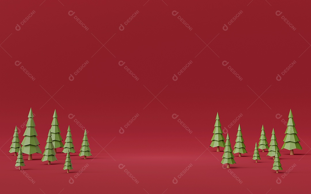 Cena do espaço em branco de fundo vermelho com floresta de pinheiros, renderização em 3d