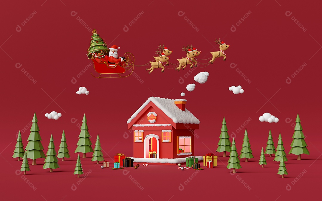 Feliz Natal e feliz ano novo, casa vermelha na floresta de pinheiros
