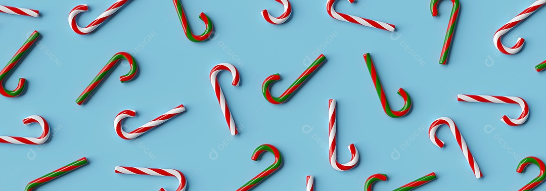 Fundo de banner de Natal de bastão de doces de Natal em um fundo azul, renderização em 3d