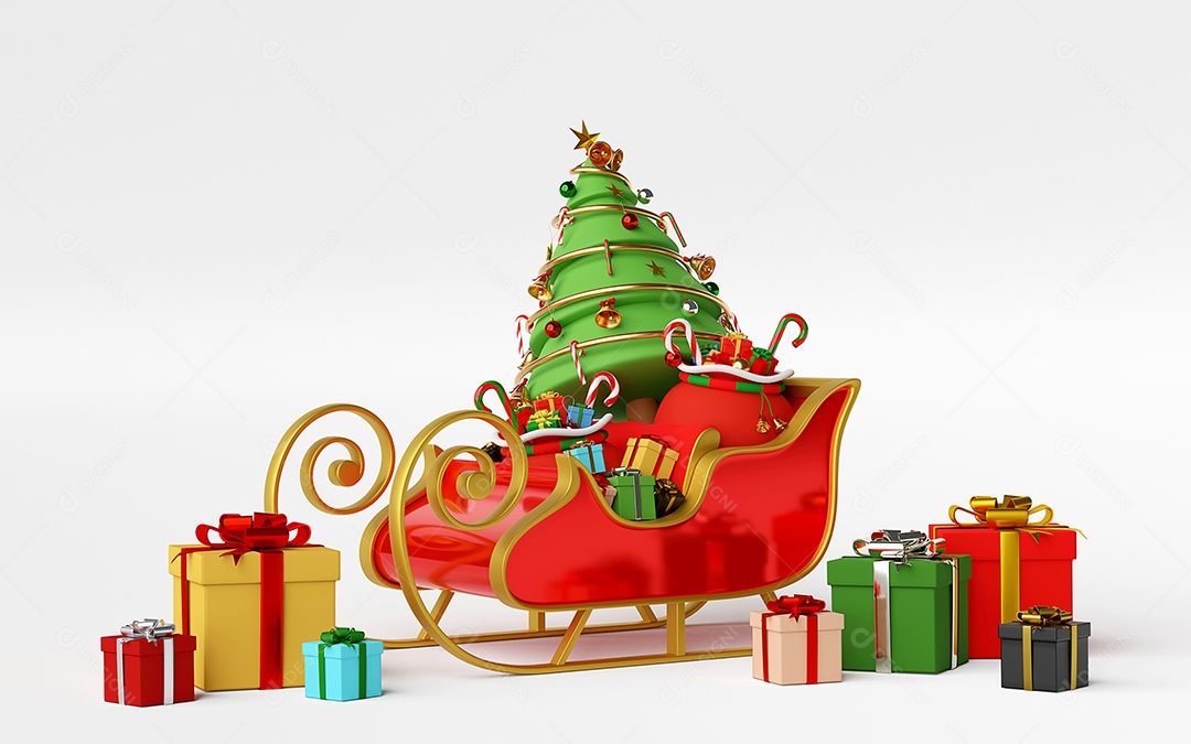 Sleigh scenery full of Christmas gifts and Christmas tree, 3d rendering