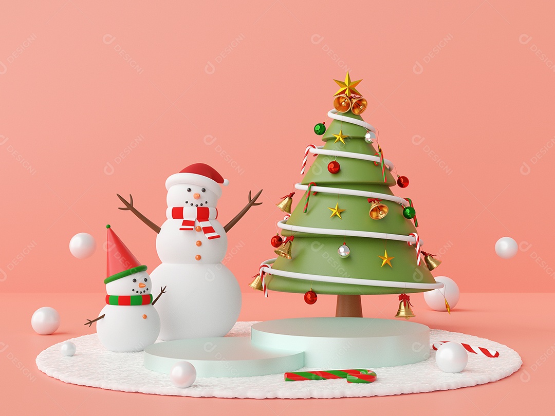 Pódio de cena de Natal com boneco de neve e árvore de Natal em um fundo rosa, renderização em 3d
