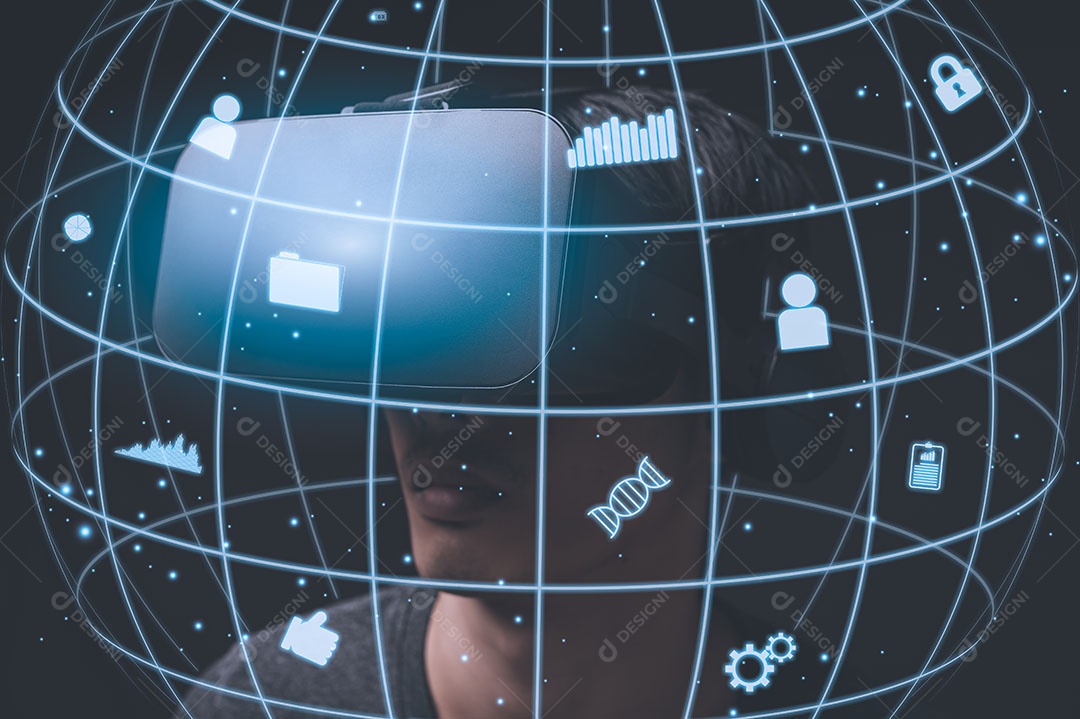 Empresário usando óculos através de óculos para verificar o gráfico de negócios VR óculos virtual Global