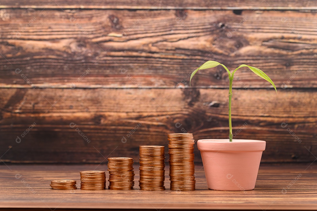 Moedas empilhadas mostram o crescimento da receita, estoques de investimento, poupança