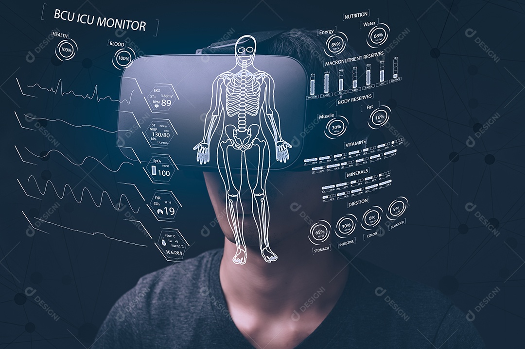 Empresário usando óculos através de óculos para verificar o gráfico de negócios VR óculos virtual
