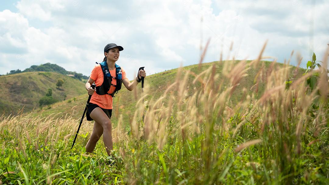 Trilha ativa de mulheres jovens atravessando um prado em uma trilha gramada no alto das montanhas à tarde com vara de trekking