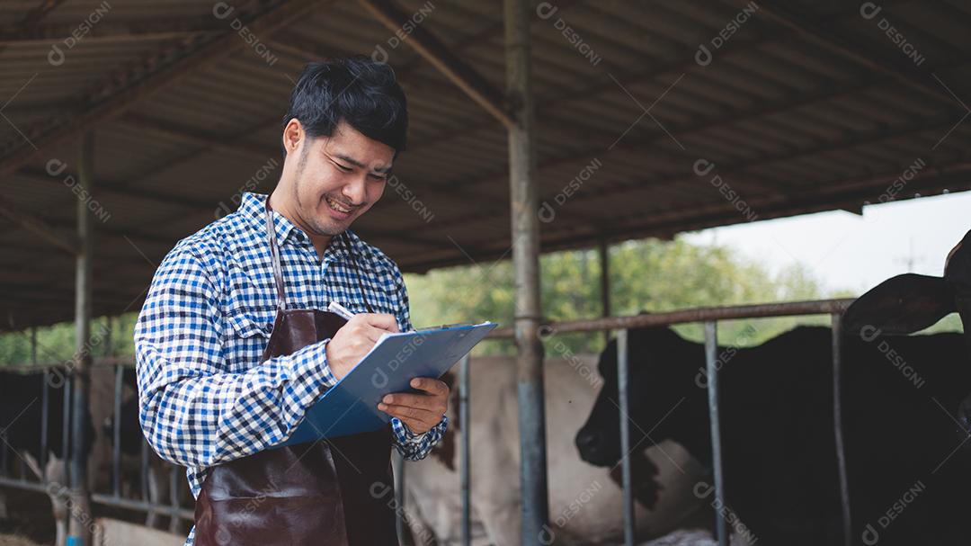 agricultor masculino verificando seu gado e a qualidade do leite na fazenda de gado leiteiro. Conceito de indústria agrícola, agricultura e pecuária, vaca na fazenda de gado leiteiro comendo feno, estábulo.