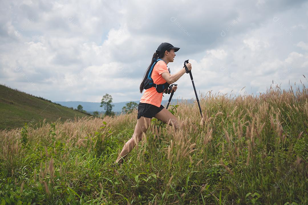 Trilha ativa de mulheres jovens atravessando um prado em uma trilha gramada no alto das montanhas à tarde com vara de trekking
