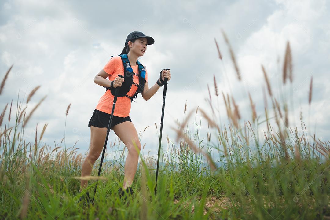Trilha ativa de mulheres jovens atravessando um prado em uma trilha gramada no alto das montanhas à tarde com vara de trekking