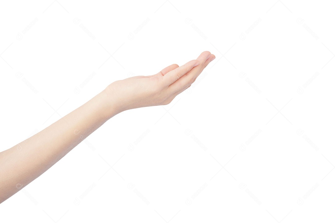 Mão da mulher é estendida em gesto de obtenção com isolado no fundo branco