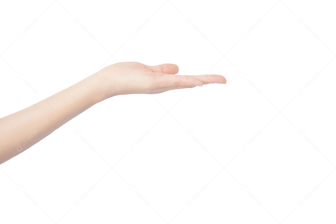 Mão da mulher é estendida em gesto de obtenção com isolado no fundo branco