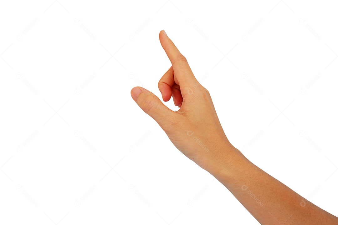Mão da mulher é alcançar e usar o dedo indicador no gesto de imprensa isolado no fundo branco