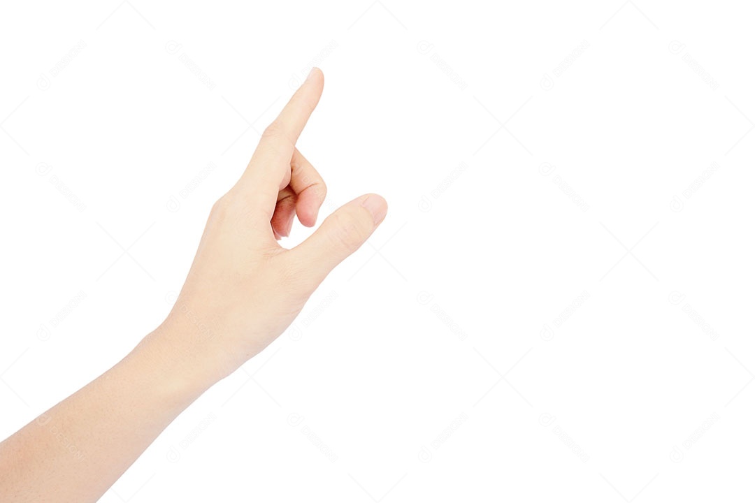 Mão da mulher é alcançar e usar o dedo indicador no gesto de imprensa isolado no fundo branco