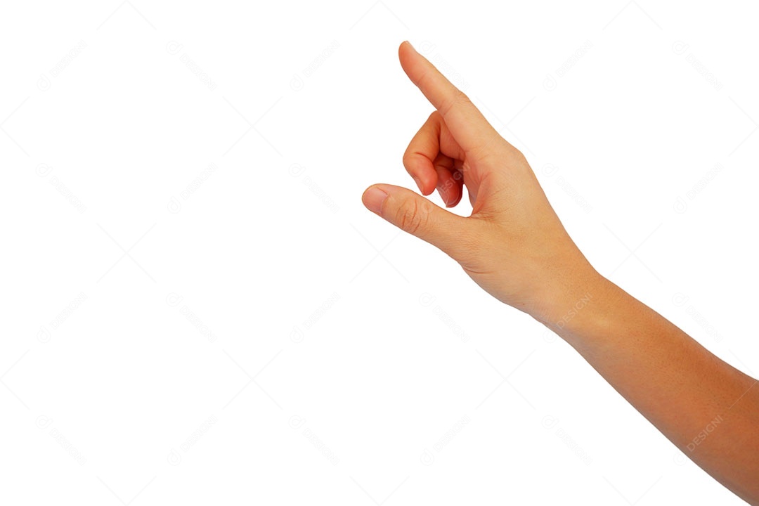 Mão da mulher é alcançar e usar o dedo indicador no gesto de imprensa isolado no fundo branco