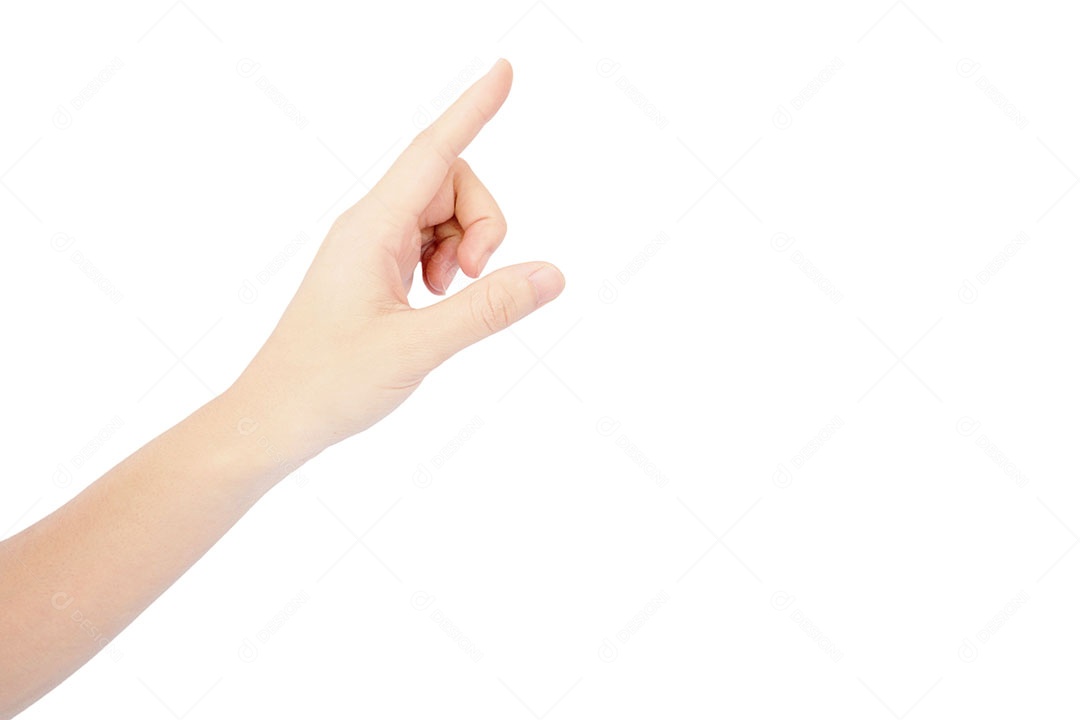 Mão da mulher é alcançar e usar o dedo indicador no gesto de imprensa isolado no fundo branco
