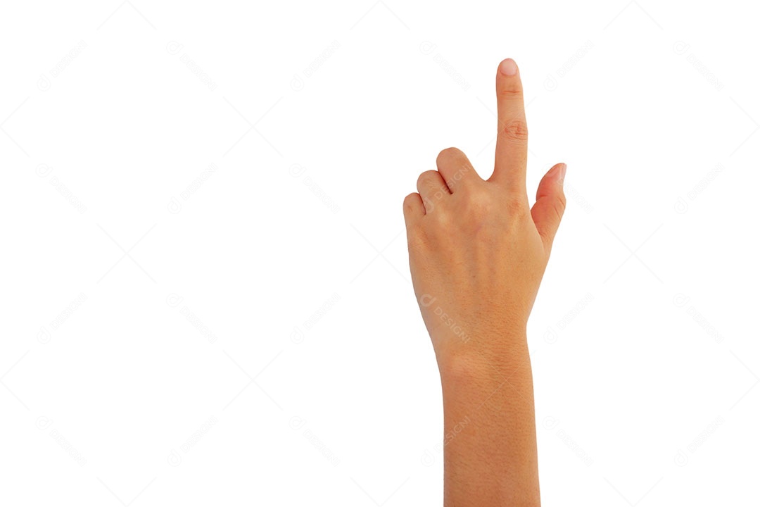 Mão da mulher usa o dedo indicador está pressionando o botão de gesto isolado no fundo branco
