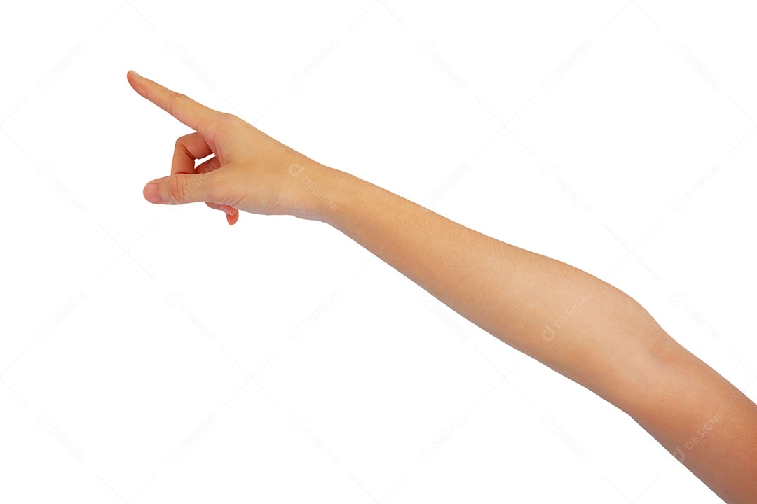 Mão da mulher aponta para algo isolado no fundo branco