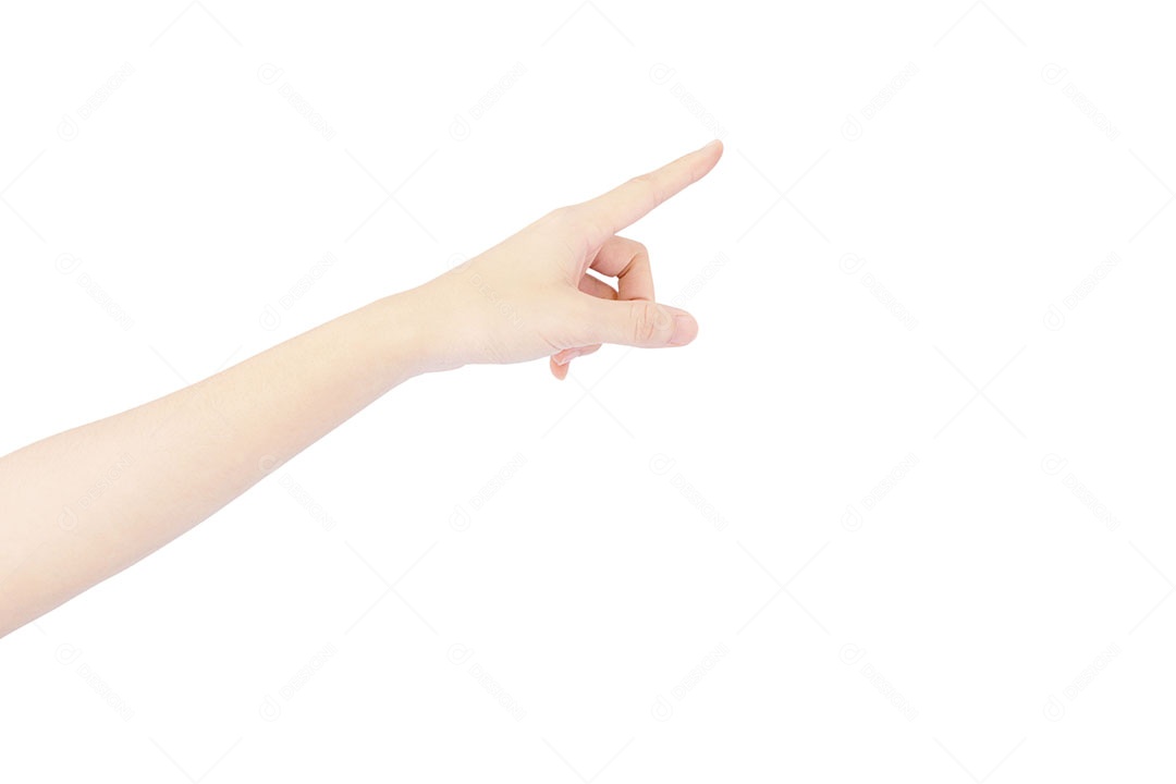 Mão da mulher aponta para algo isolado no fundo branco