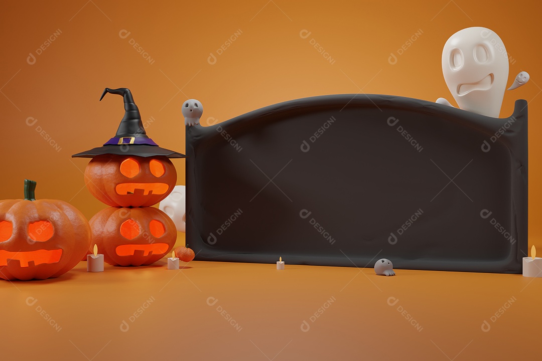 Cartaz de Halloween com abóboras e outras decorações tradicionais de Halloween