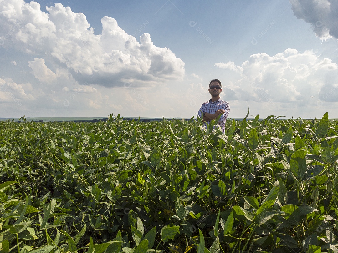 Homem agricultor sobre seu plantio